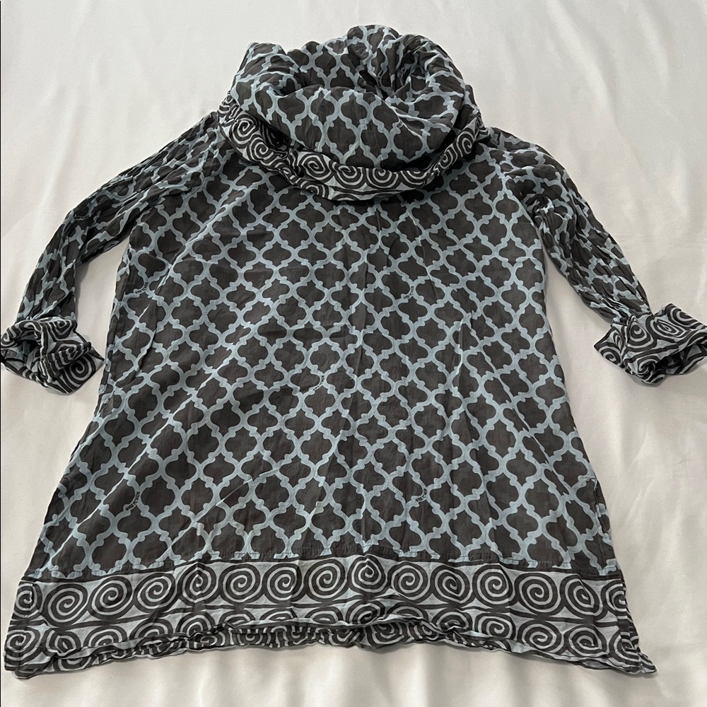 Gretchen Scott Designs Cotton Voile Funnel Cowl Neck 3/4 Sleeve Tunic Blouse
